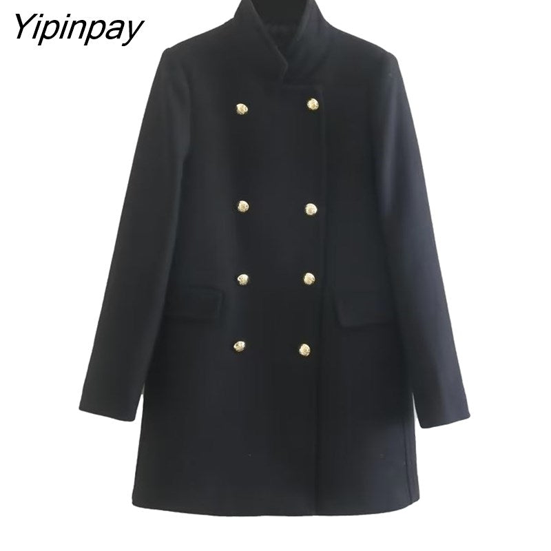 Yipinpay 2023 New Winter Solid Coat Women Double Breasted Long Sleeve Jacket Outwear Warm Basic Female Fashion Overcoat