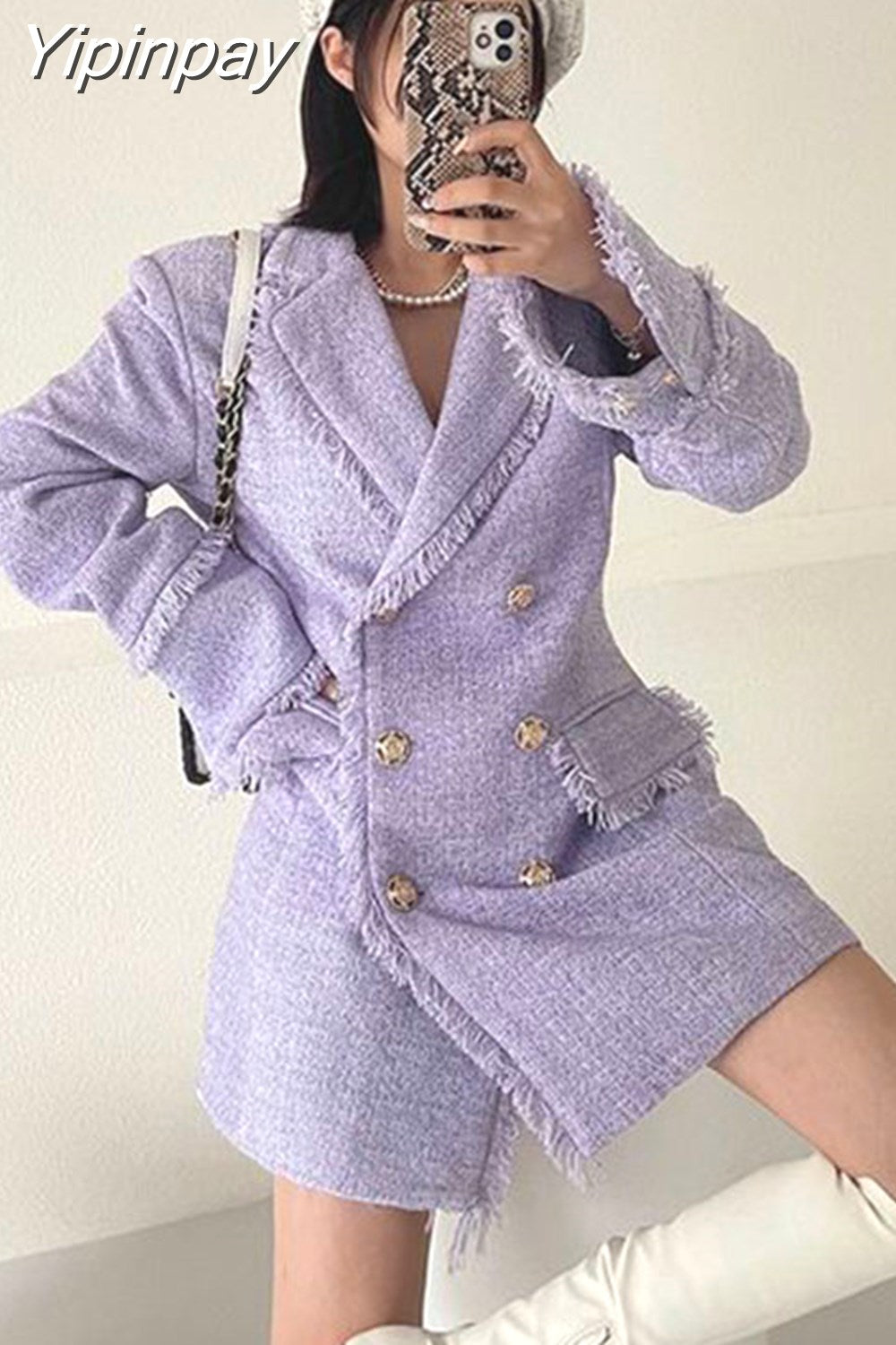 Yipinpay Tassels Buttons Long Sleeve Jacket Winter Coat Yellow Purple Thick Outerwear Ladies Retro Elegant Chic Midi Dress