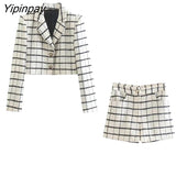 Yipinpay Cropped Women Plaid Blazer Jacket 2023 Autumn Female Fashion Streetwear Ladies Coat Pockets Short Long Sleeve Girls Outfit