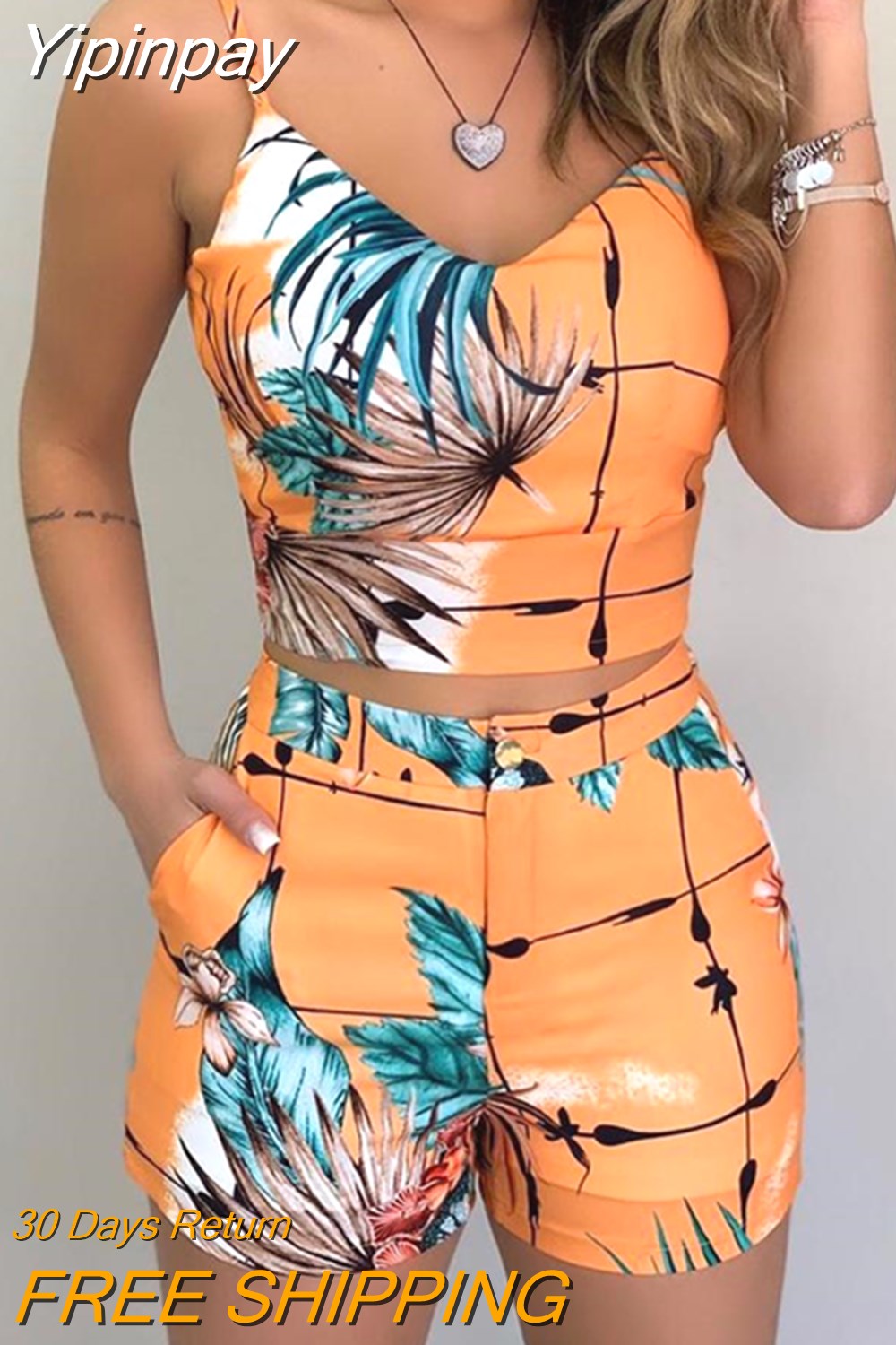 Yipinpay Print Suit Two-piece Women's Tropical Print Suspender Top and Fashionable Street Casual Shorts Suit Female Summer