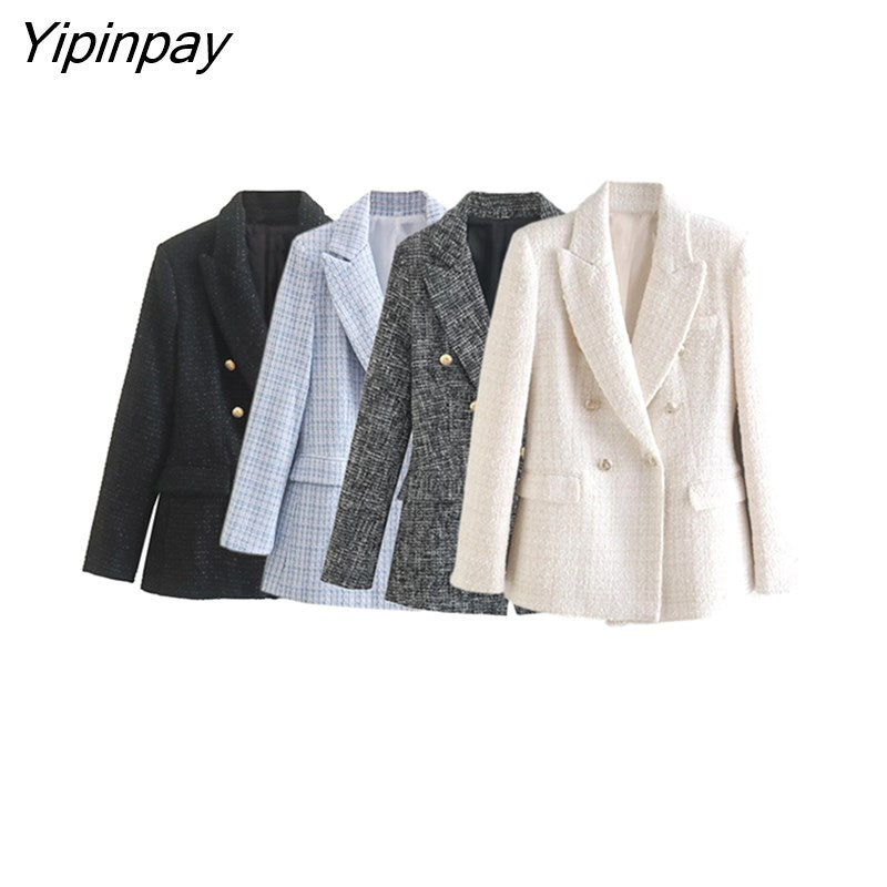 Yipinpay Spring Autumn Women Jacket Coat 2023 Fashion Double Breasted Tweed OL Blazer Vintage Long Sleeve Female Outerwear Chic Top