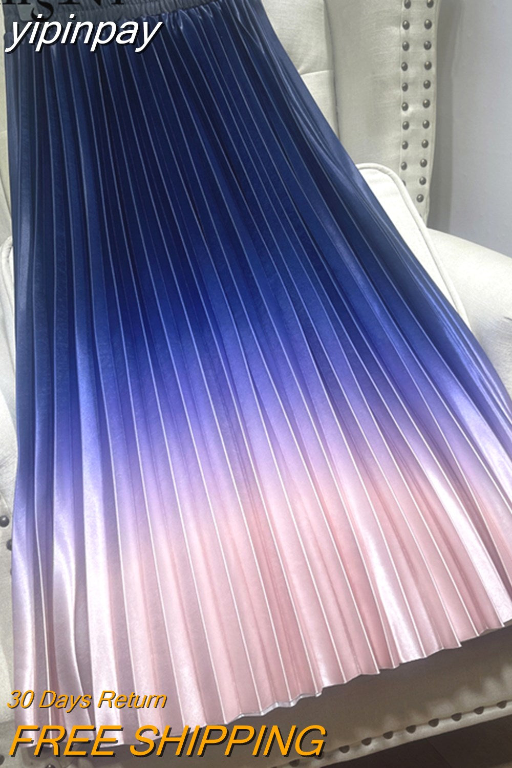 yipinpay 2023 Pleated Midi Skirts Womens Satin Tie Dye Gradient High Waist Long Skirt Stylish Casual Elegant Faldas Female Jupe