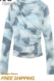 Yipinpay Tulle Crop Top Women Blue Print Mesh Blouse Female Ruched Long Sleeve Tops For Women 2023 Streetwear Chic Woman Blouse