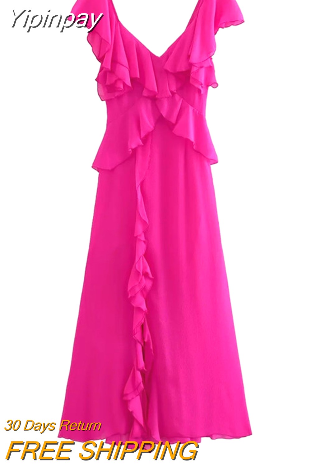 Yipinpay 2023 Chiffon Ruffle Dress Woman Short Sleeve Long Dresses Women Summer Midi Party Dresses Backless Elegant Evening Dress