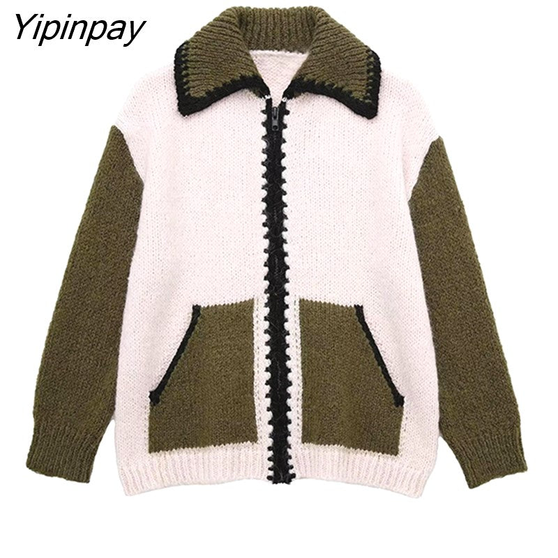 Yipinpay 2023 Autumn Women Patchwork Knitted Sweater Coat Warm Zipper Cardigan Turn Down Collar Long Sleeve Chic Soft Tops