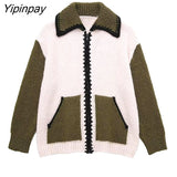 Yipinpay 2023 Autumn Women Patchwork Knitted Sweater Coat Warm Zipper Cardigan Turn Down Collar Long Sleeve Chic Soft Tops