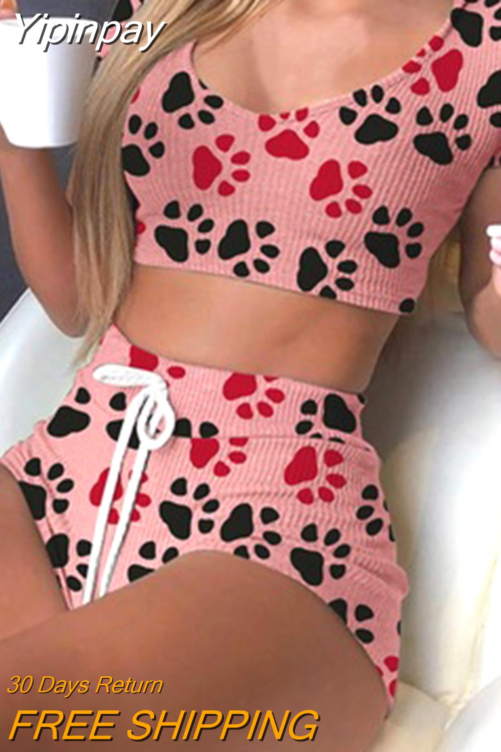Yipinpay Lips Print Sportswear Women's 2023 Summer Crop Top And Drawstring Biker Shorts Matching Two Piece Sets