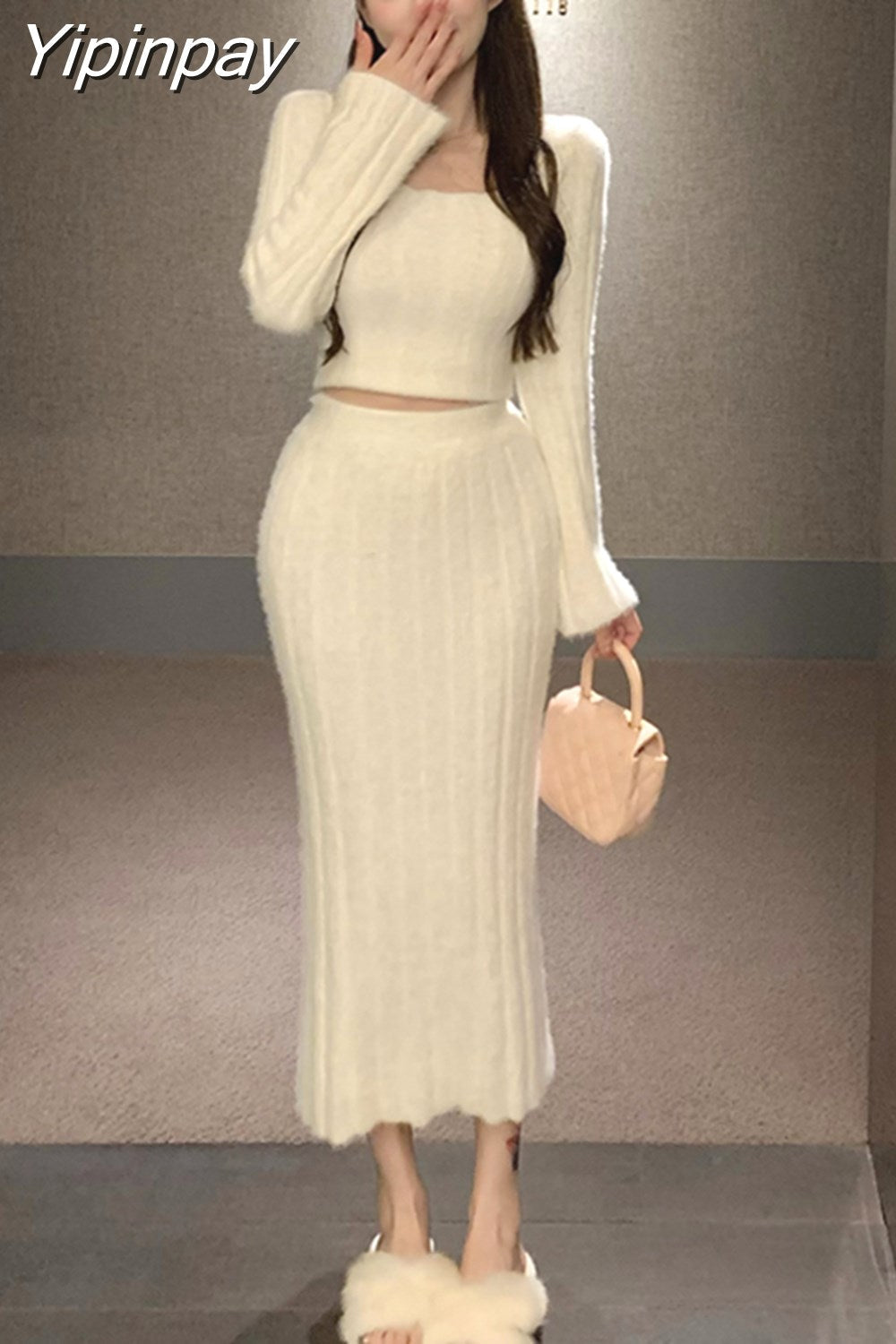 Yipinpay two piece skirt set Plush knit women long sleeve crop top +High waist midi skirts Elegant fall Winter 2023 white purple set