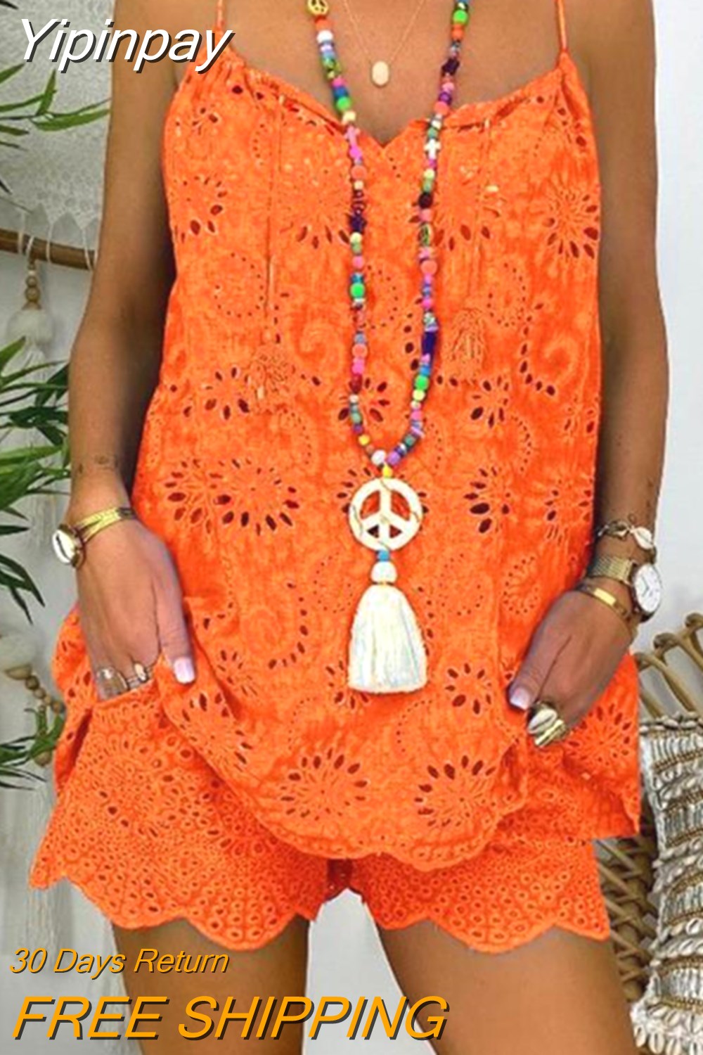 Yipinpay Two Piece Sets Women Outifits Casual V-Neck Sleeveless Camis Eyelet Embroidery Tassel Top Shorts Set 2023 Fashion Women Suit