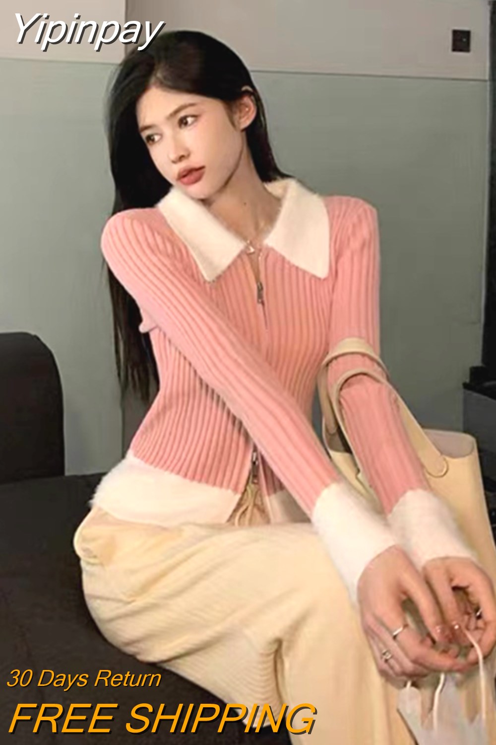 Yipinpay Winter Faux Fur Y2k Crop Tops Korean Fashion Knitted Sweater Zipper Design Long Sleeve Casual Pullover Female Slim Chic