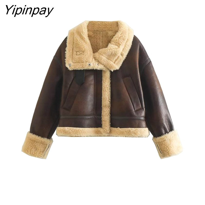 Yipinpay 2023 Women Winter Fleece Jackets Fashion Thicken Warm Long Sleeve Zipper Coats Loose Vintage Ladies Cold Street Outwear