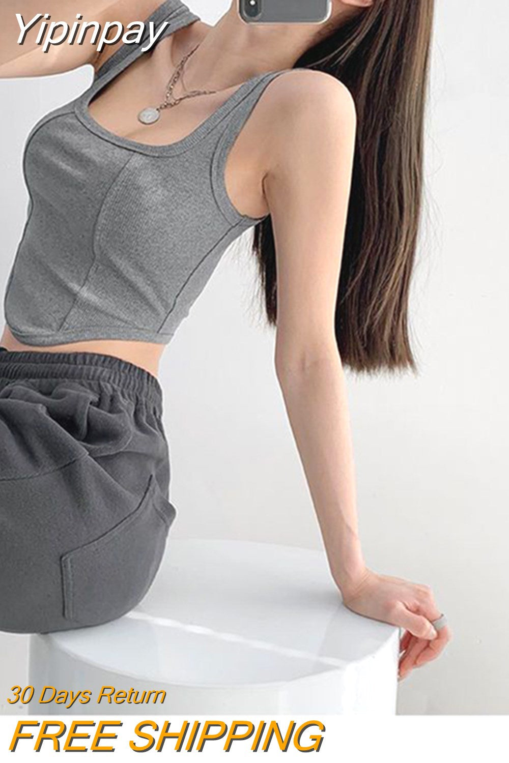 Yipinpay Tank Tops Women Tight Fishbone Sleeveless Crop Top Korean Fashion Solid Square Collar Vest Female 2023 New