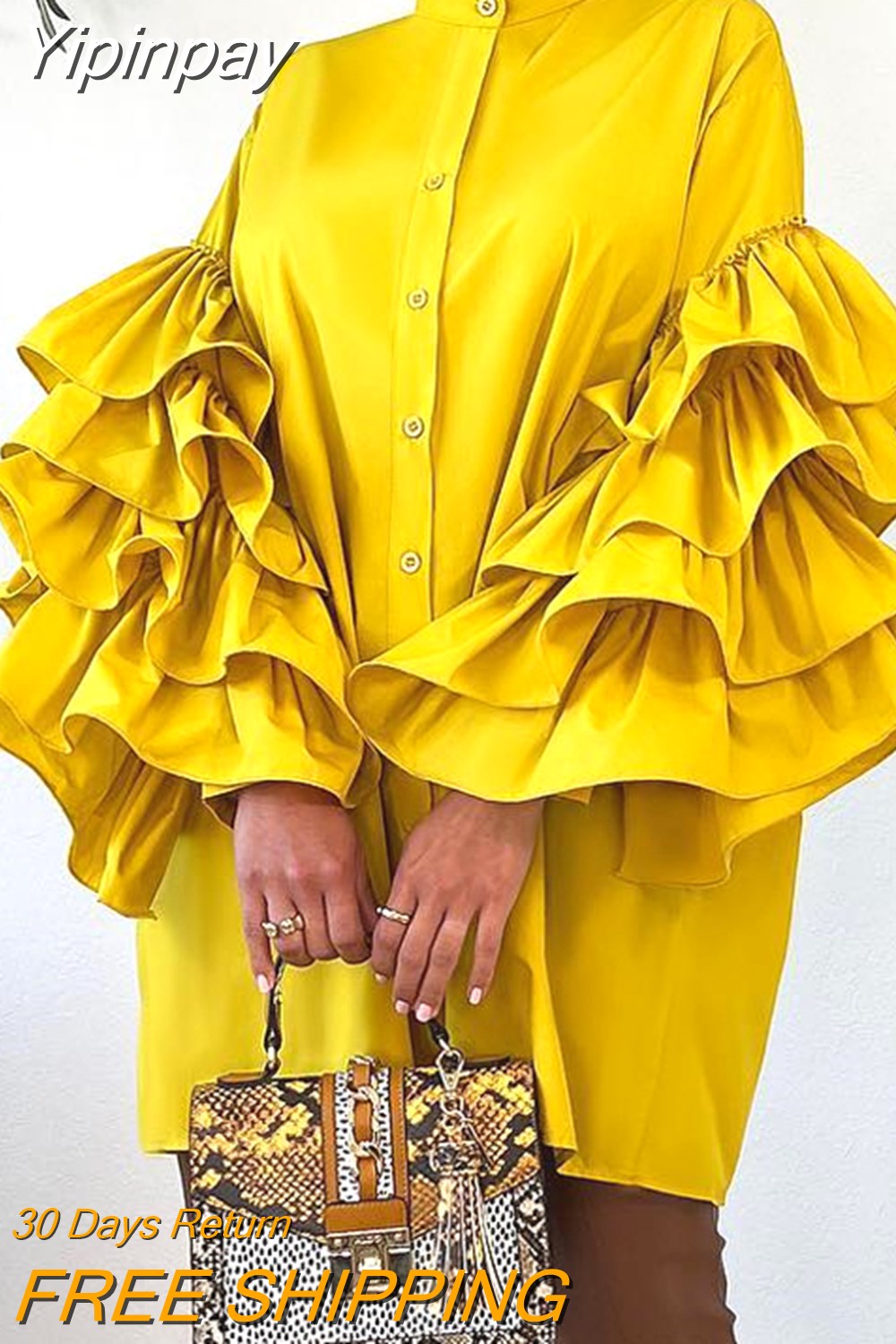 Yipinpay Women Chic Solid Fashion Stand Collar Long Sleeves Ruffle Design Casual Blouses Tops