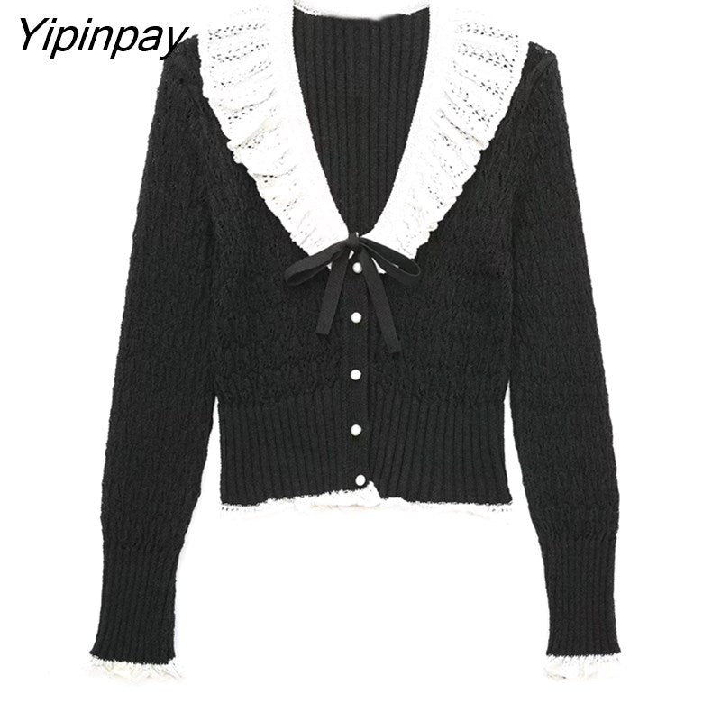 Yipinpay 2023 Autumn Women Knitted Coats Harajuku Fashion Peter Pan Collar Cardigan Sweater Single Breasted Long Sleeve Sweater