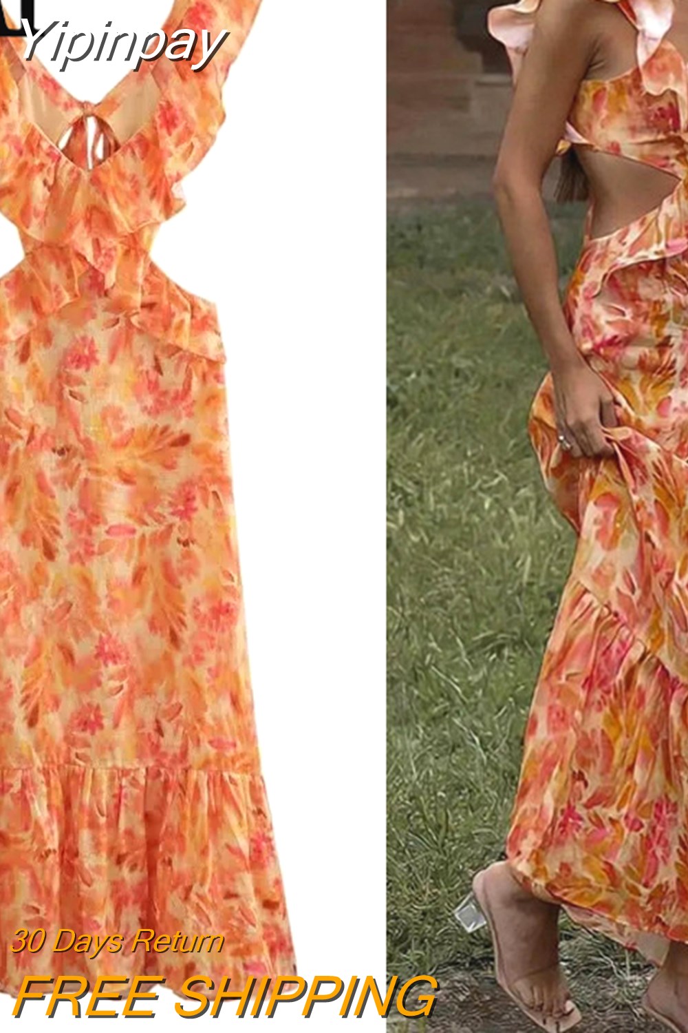 Yipinpay 2023 Print Ruffle Dress Woman Ruched Backless Long Dress Women Beach Holiday Summer Dresses Sleeveless Sexy Party Dresses