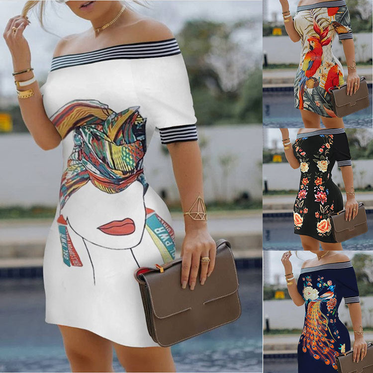 Yipinpay Shoulder Digital Printing Slim Sexy Pencil Skirt