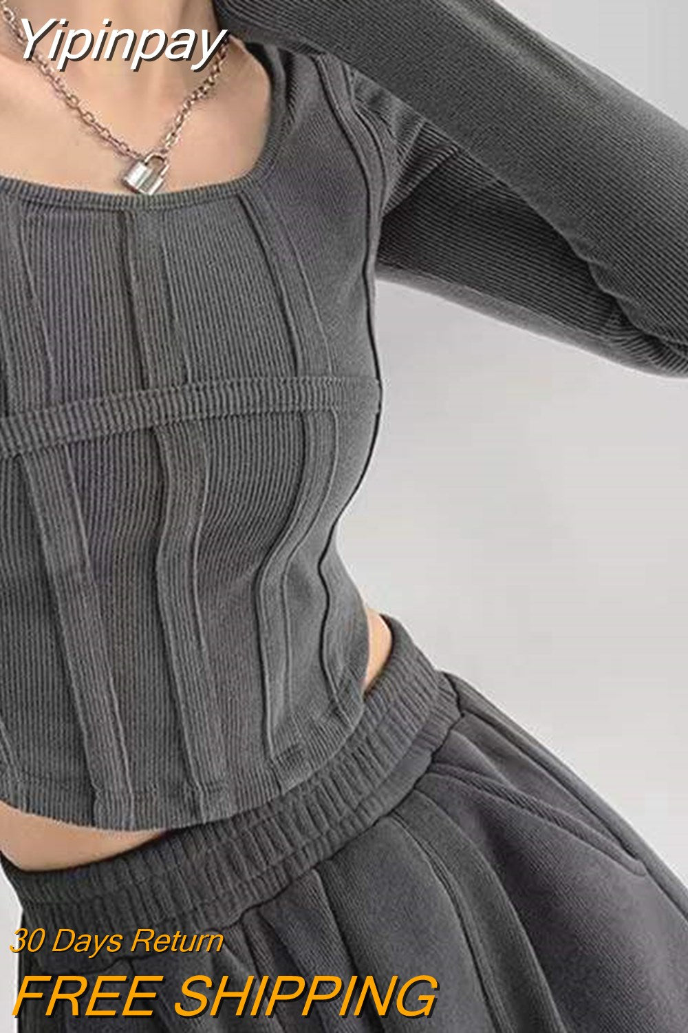 Yipinpay New Fishbone Pattern Women's Long Sleeve T-shirt Fashion High Waist Slim Square Collar Cropped Tops Woman