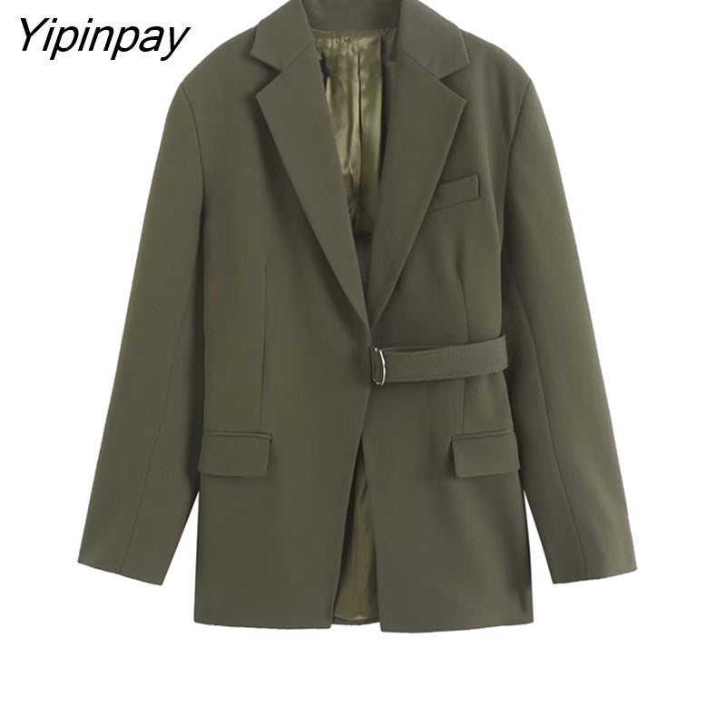 Yipinpay Spring Autumn Women Hollow Out Blazer Coat With Belt Vintage Notched Long Sleeve Jacket Fashion Pockets Outerwear Tops