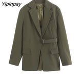 Yipinpay Spring Autumn Women Hollow Out Blazer Coat With Belt Vintage Notched Long Sleeve Jacket Fashion Pockets Outerwear Tops