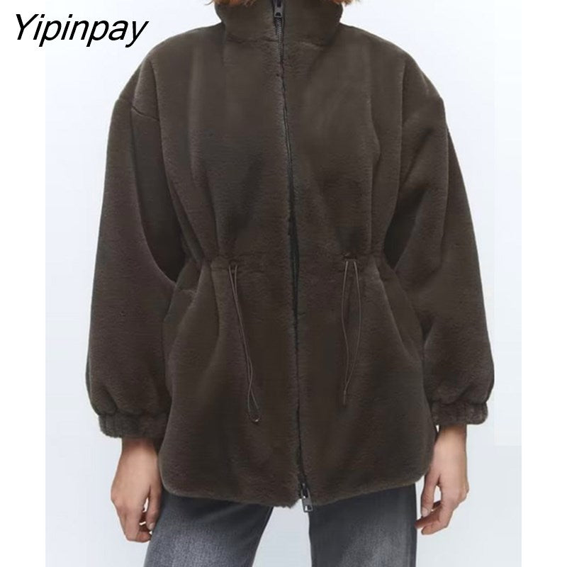 Yipinpay 2023 Women Winter Thicken Faux Fur Coat Zipper Cardigan Loose Jacket Solid Stand Collar Sweat-shirt Outwear Overcoat