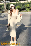 Yipinpay 2 Piece Dress Set Woman Slim Bodycon Strap Midi Dress Party Elegant + Casual Long Sleeve Short Tops Korean Suit Solid