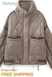 Yipinpay TRAF Fashion Quilted Coat for Women 2023 Stand Collar Warm Coats Female Front Zipper Long Sleeve Jacket Ladies Outerwear