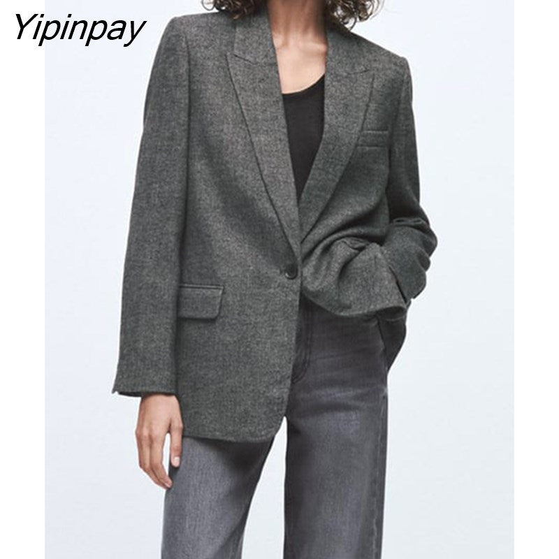 Yipinpay Women Chic Office Lady Single Button Blazer Vintage Coat Fashion Notched Collar Long Sleeve Ladies Outerwear Stylish Tops