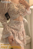 Yipinpay Summer Sweet 2 Piece Dress Set Woman Korean Fashion Suit Beach Floral Y2k Mini Skirt + Casual Lace Crop Tops Elegant Chic