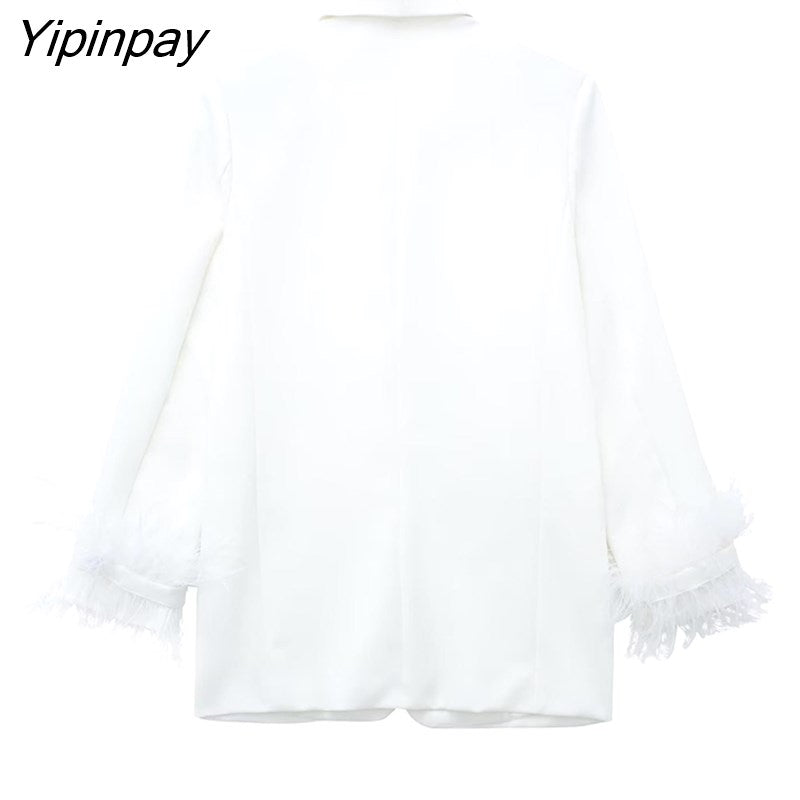 Yipinpay 2023 Women Feather Blazer Jackets Spring Autumn Notched Office Outfits Pockets Coats Single Button Long Sleeve Chic Outwear