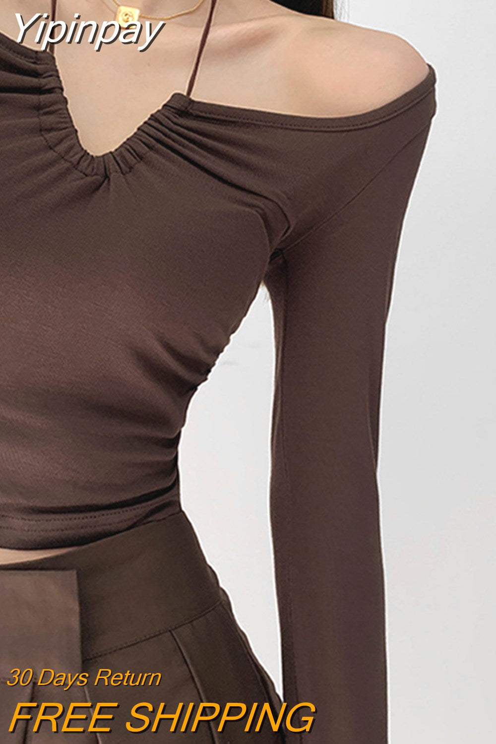 Yipinpay New Fold Halter T-shirt Women Vintage Slim Drawstring Off Shoulder Long Sleeve Crop Tops Streetwear Girls