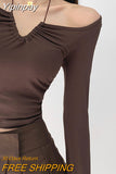 Yipinpay New Fold Halter T-shirt Women Vintage Slim Drawstring Off Shoulder Long Sleeve Crop Tops Streetwear Girls