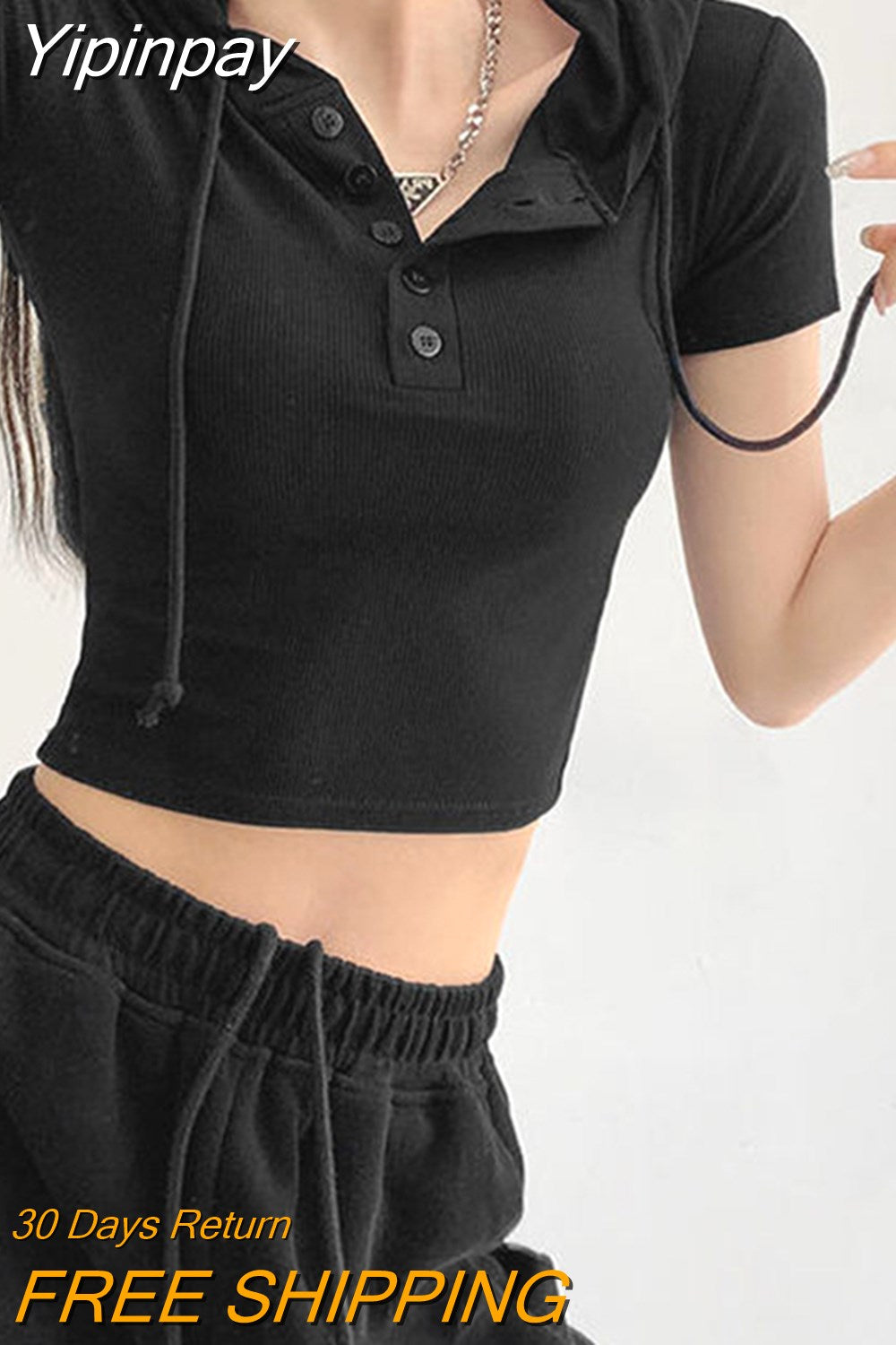 Yipinpay Hooded T-shirts Women Summer New Tight Short Sleeve Y2k Tees Gray Crop Tops Female