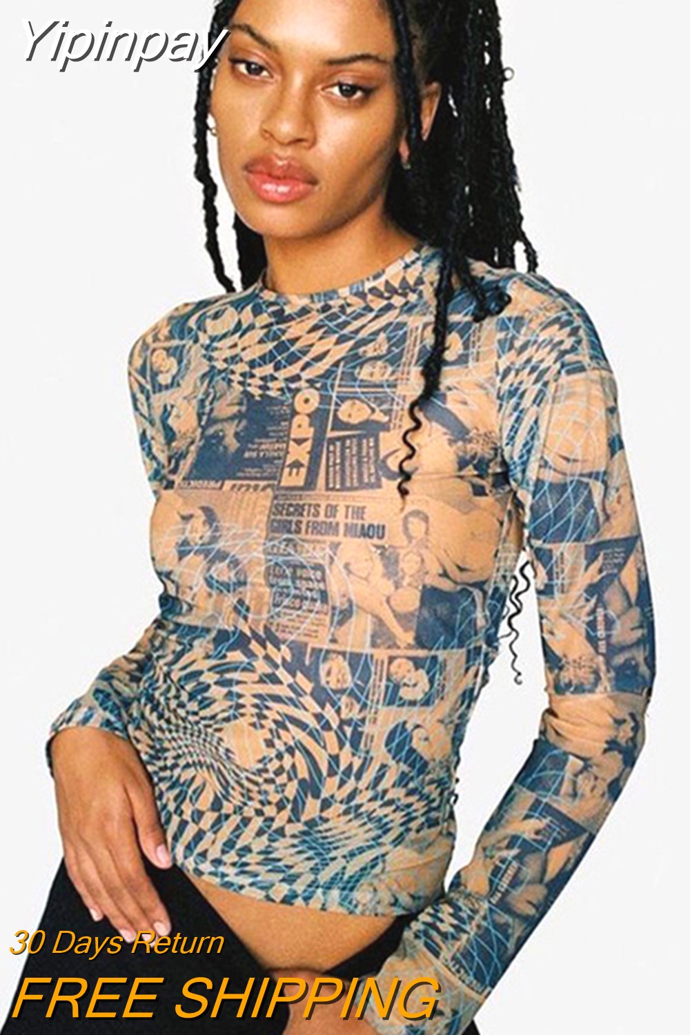 Yipinpay High Street Hip Hop Print T-Shirts Women Y2K O-Neck Long Sleeve Slim Tee Shirt 2023 Spring Femme Harajuku Basic Tops