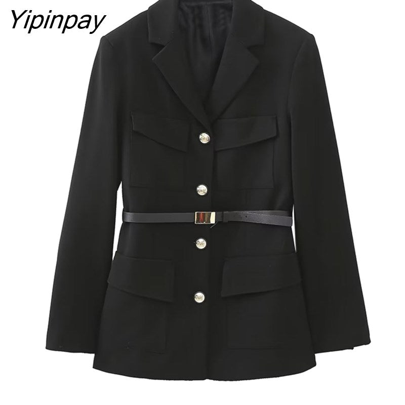 Yipinpay 2023 Women Solid Blazer Jacket With Belt Spring Notched Office Outfits Coats Single Breasted Chic Outwear