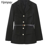 Yipinpay 2023 Women Solid Blazer Jacket With Belt Spring Notched Office Outfits Coats Single Breasted Chic Outwear