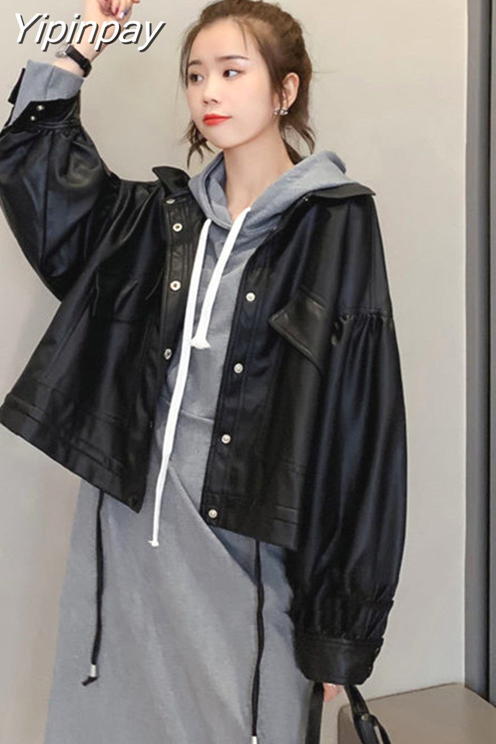 Yipinpay Autumn Winter Faux Leather Jacket Women Oversize PU Leather Coat Loose Casual Streetwear Female Jacket