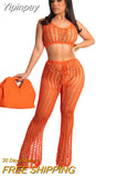Yipinpay Summer Beach Wear Knit Outfits Women Hollow Out Crop Tops And See Through Straight Pant Suits Femme 2 Piece Matching Sets