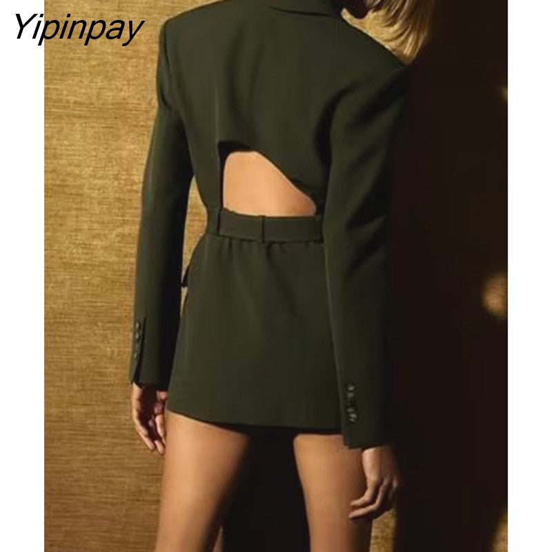 Yipinpay Spring Autumn Women Hollow Out Blazer Coat With Belt Vintage Notched Long Sleeve Jacket Fashion Pockets Outerwear Tops