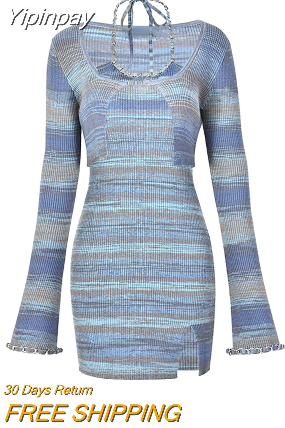 Yipinpay Autumn Knitted Suit Striped Crop Tops + Sexy Strap Y2k Mini Dress Woman Casual Retro Bodycon Dress Slim 2 Piece Dress Set