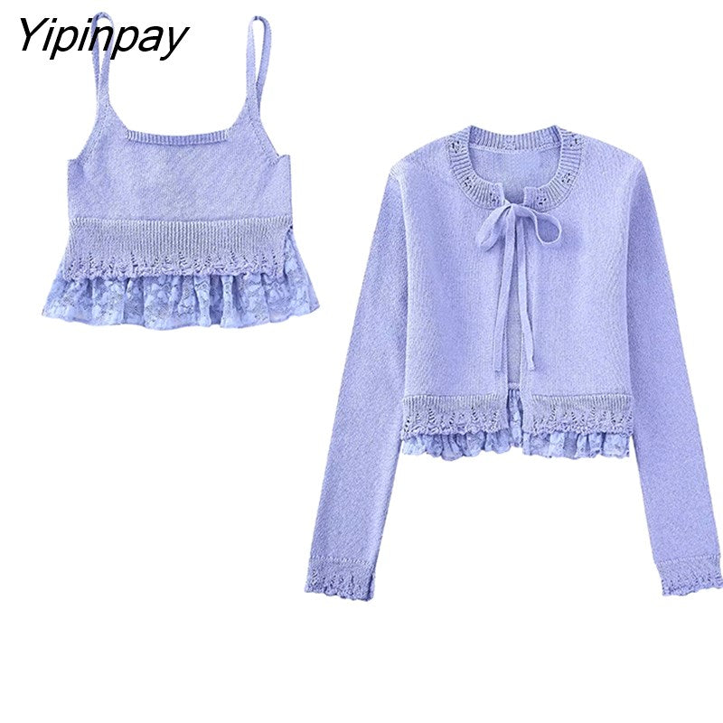 Yipinpay New Women Lace Solid Knitted Sweater Coats 2023 Vintage Single Breasted Cardigan Tops Long Sleeve Sweet Female Bow Top