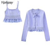 Yipinpay New Women Lace Solid Knitted Sweater Coats 2023 Vintage Single Breasted Cardigan Tops Long Sleeve Sweet Female Bow Top