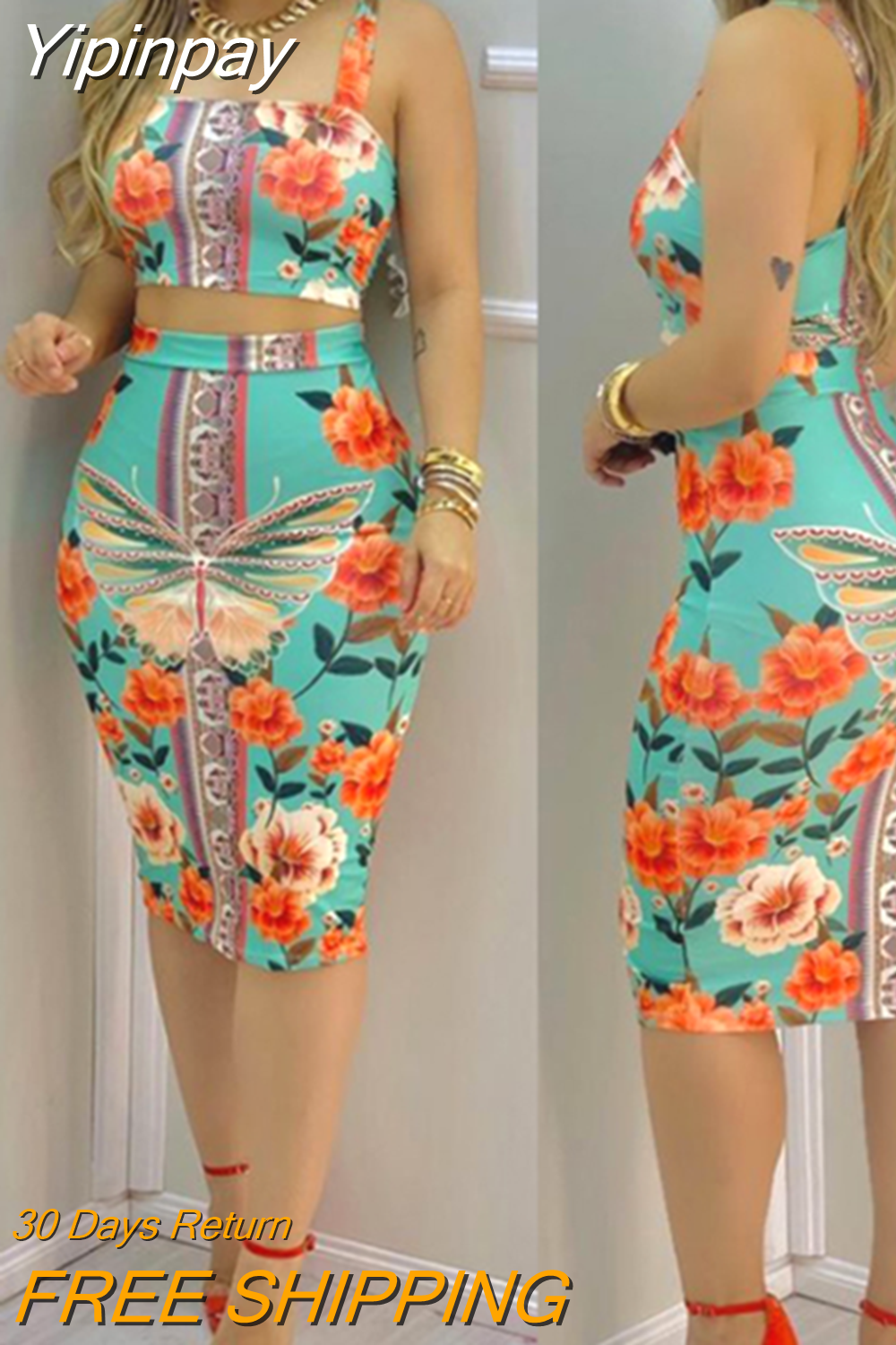 Yipinpay Fashion Holiday Floral Print O Neck Crop Top Shirr +Slit High Waist Women Maxi Skirt Sets 2023 Female Fashion New