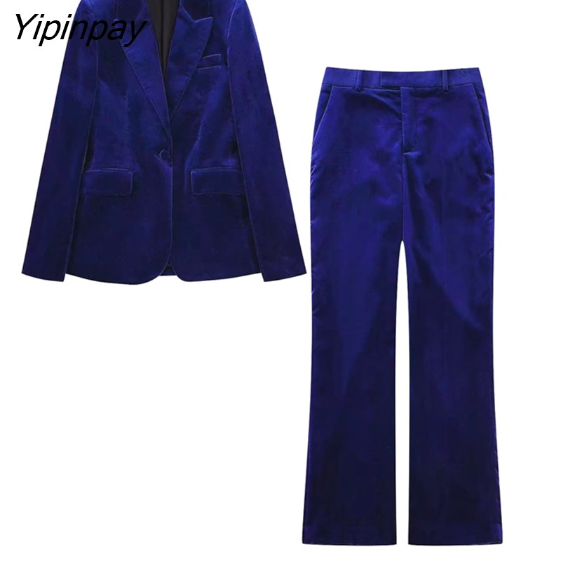 Yipinpay New Women Autumn Velvet Blazer Pants Set 2023 Fashion Office Single Button Jacket Coat Female Oversize Clothes Outerwear