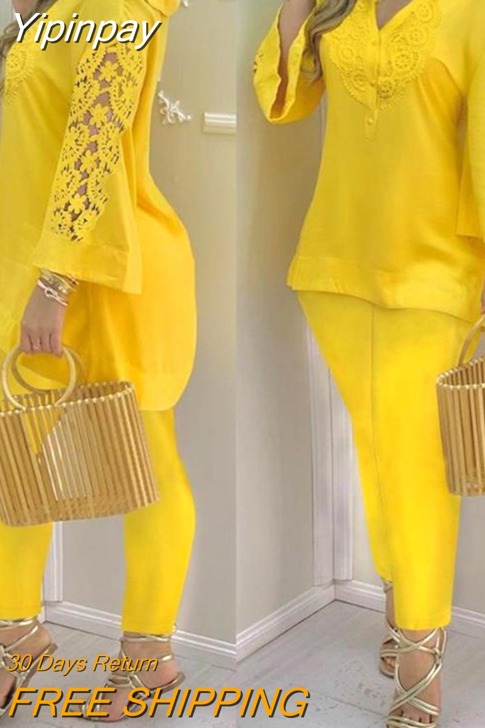 Yipinpay Sleeve V-Neck Casual Top & Pants Set Two Piece Sets Womens Outifits 2023 Summer Female Fashion Casual Suit