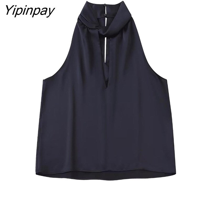 Yipinpay 2023 Spring Autumn Women Solid Blouses Causal Hollow Out Sleeveless Thin Tops Thin Sexy Halter Collar T-Shirts
