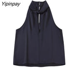 Yipinpay 2023 Spring Autumn Women Solid Blouses Causal Hollow Out Sleeveless Thin Tops Thin Sexy Halter Collar T-Shirts