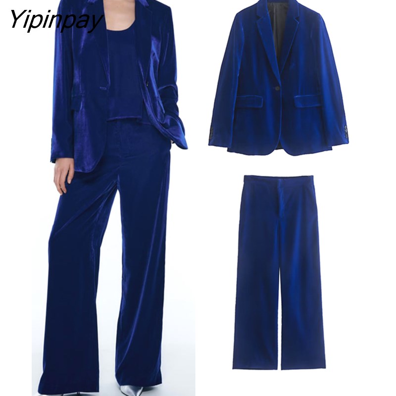 Yipinpay Women Autumn Velvet Blazer Jackets Pants Set 2023 Simple Office Single Button Coat Female Oversize Clothes Outerwear