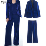 Yipinpay Women Autumn Velvet Blazer Jackets Pants Set 2023 Simple Office Single Button Coat Female Oversize Clothes Outerwear