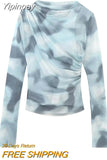 Yipinpay Tulle Crop Top Women Blue Print Mesh Blouse Female Ruched Long Sleeve Tops For Women 2023 Streetwear Chic Woman Blouse