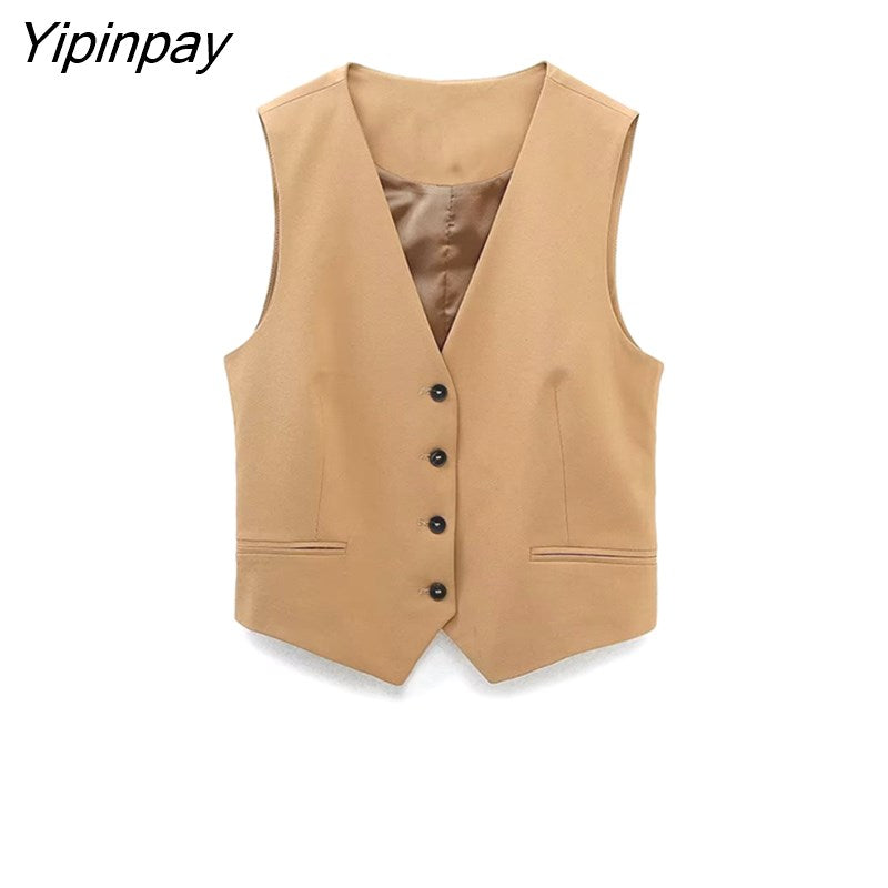 Yipinpay 2023 Women Pant Vest Suit Sets Spring Autumn Fashion V-neck Coat Zipper Wide Leg Pants Basic Causal Office Outfits Outwear